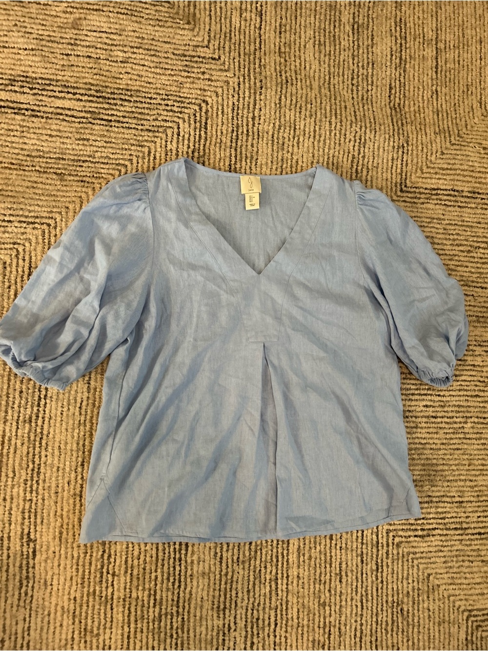 Joie Light Blue V-Neck Puff Sleeve Top Size Large Linen Blend Coquette